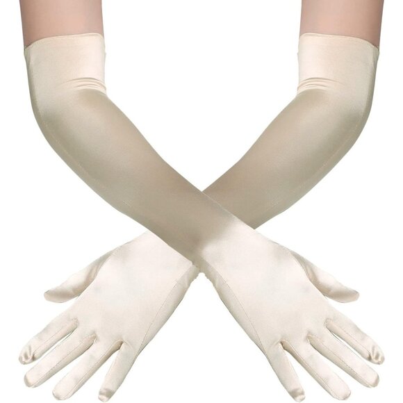 Women's Champagne Long Opera Party 20s Satin Gloves Stretchy Elbow Length - Picture 3 of 7